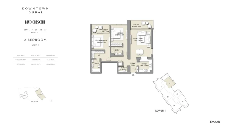 BLVD Crescent floor plan 2-спальн. · 1404 sqft