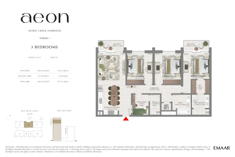 Aeon Towers floor plan 3-спальн. · 1693 sqft
