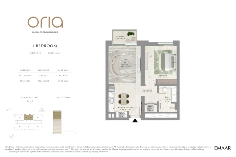 Oria Tower floor plan 1-спальн. · 750 sqft