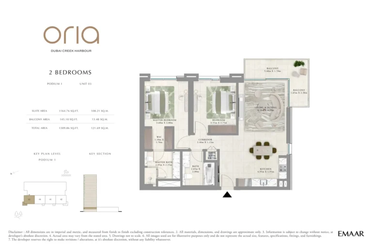 Oria Tower floor plan 2-спальн. · 1309 sqft