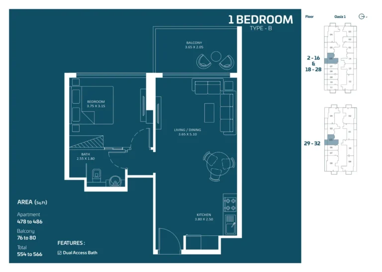 Oasiz 1 by Danube floor plan 1 BR · 554 sqft