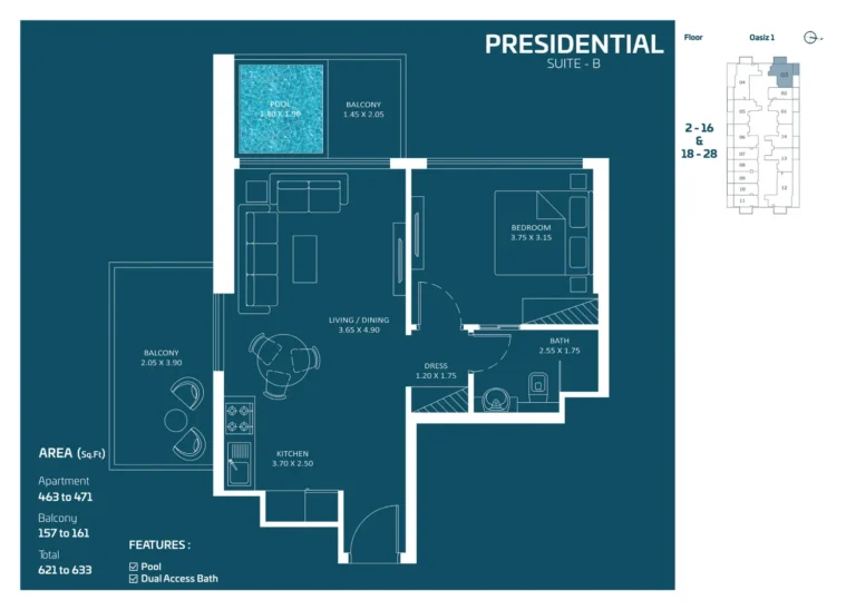 Oasiz 1 by Danube floor plan 1 BR · 621 sqft