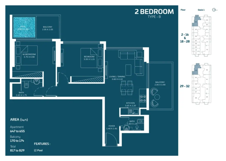 Oasiz 1 by Danube floor plan 2 BR · 817 sqft