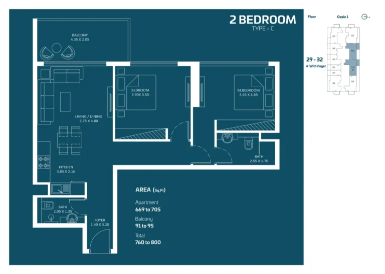 Oasiz 1 by Danube floor plan 2 BR · 760 sqft