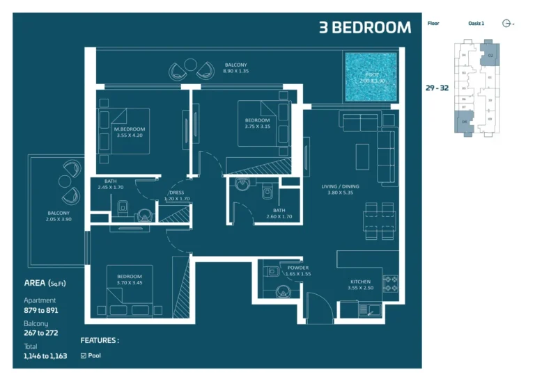 Oasiz 1 by Danube floor plan 3 BR · 1146 sqft