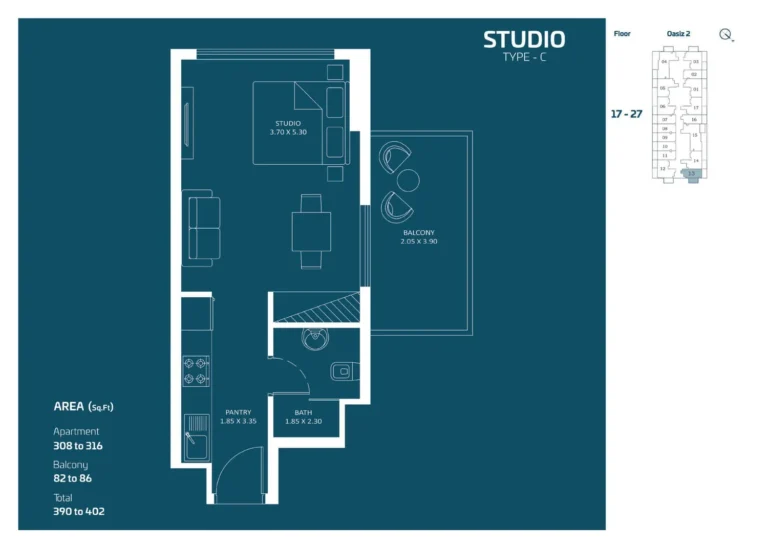 Oasiz 2 by Danube floor plan Студия · 390 sqft