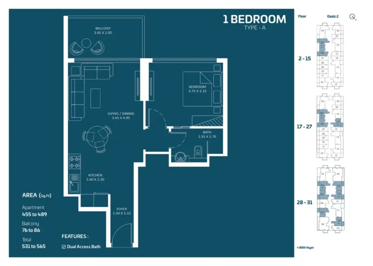 Oasiz 2 by Danube floor plan 1-спальн. · 531 sqft