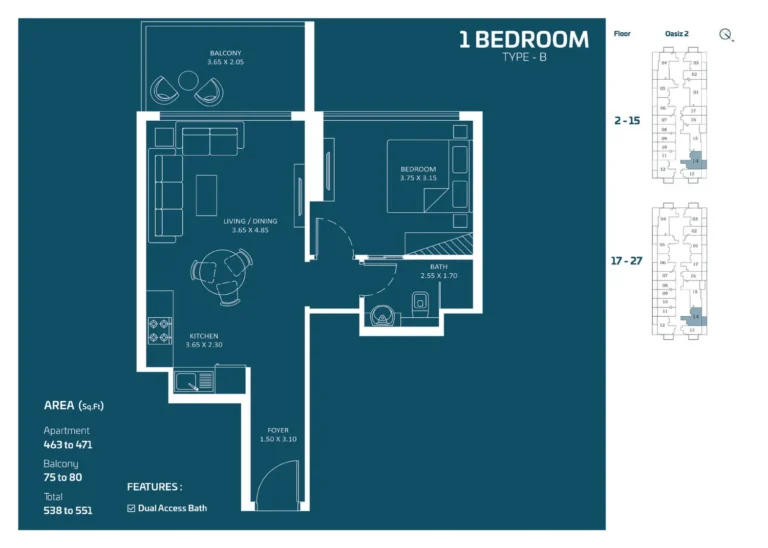 Oasiz 2 by Danube floor plan 1-спальн. · 538 sqft