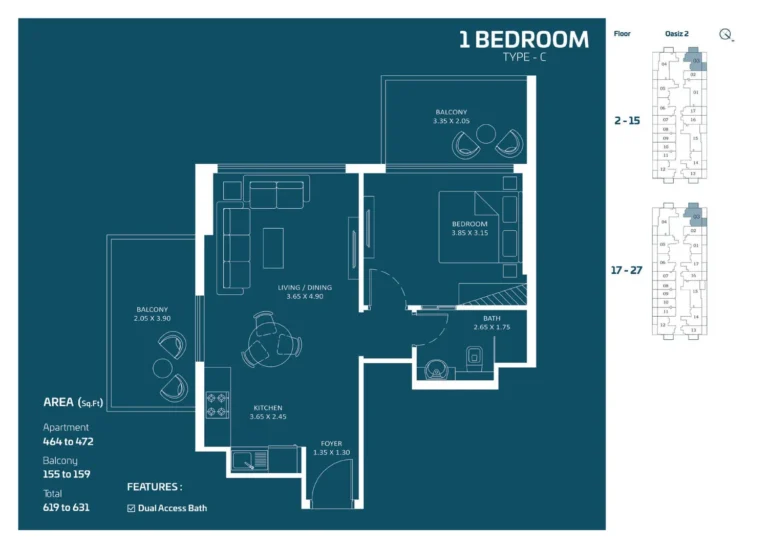 Oasiz 2 by Danube floor plan 1-спальн. · 619 sqft