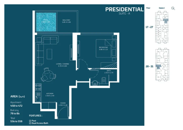Oasiz 2 by Danube floor plan 1-спальн. · 536 sqft