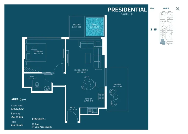 Oasiz 2 by Danube floor plan 1-спальн. · 614 sqft