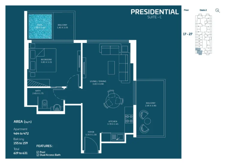 Oasiz 2 by Danube floor plan 1-спальн. · 619 sqft