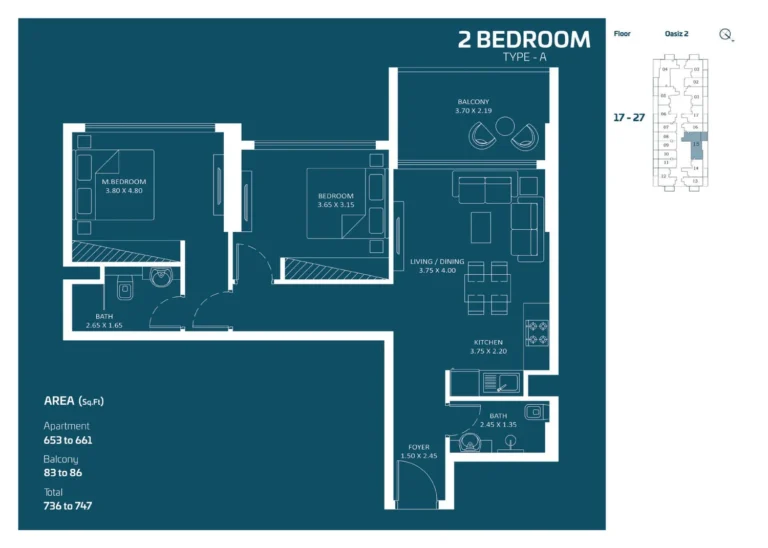Oasiz 2 by Danube floor plan 2-спальн. · 736 sqft