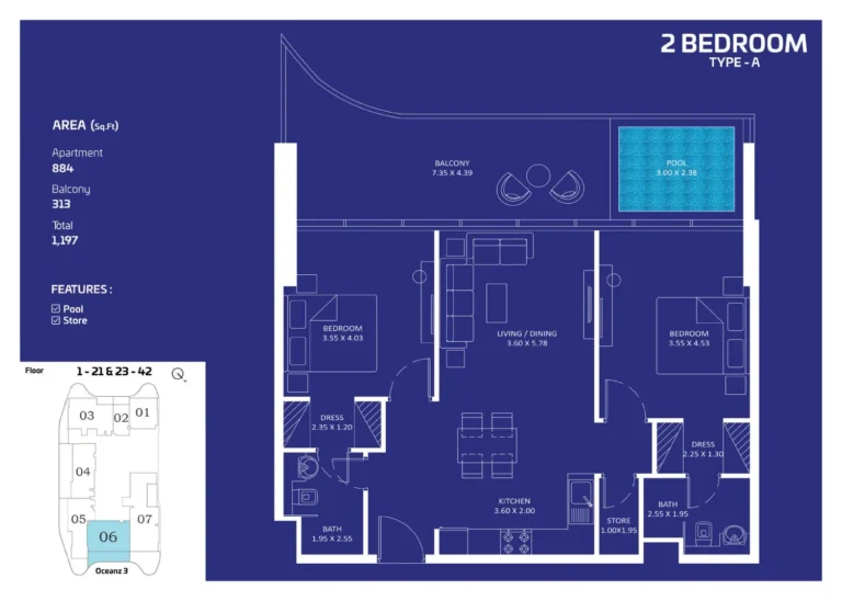 Oceanz by Danube floor plan 2 BR · 1197 sqft