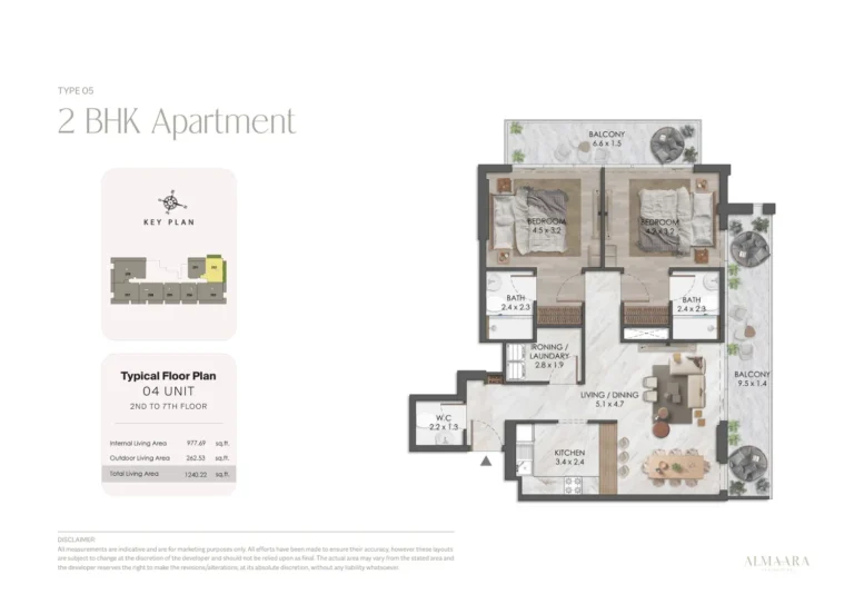 Almaara Residences floor plan 2-спальн. · 1240 sqft