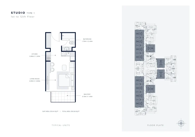 Azizi Star floor plan Студия · 390 sqft