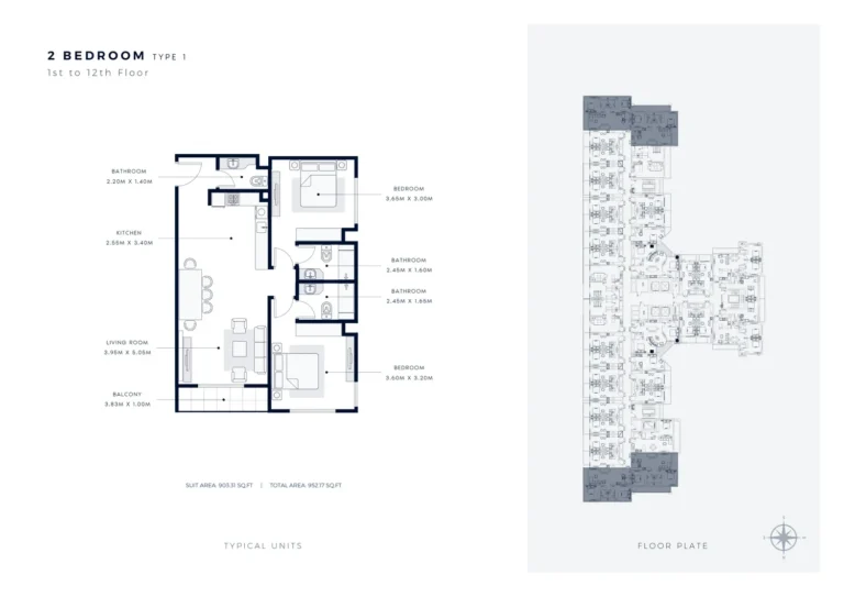 Azizi Star floor plan 2-спальн. · 952 sqft