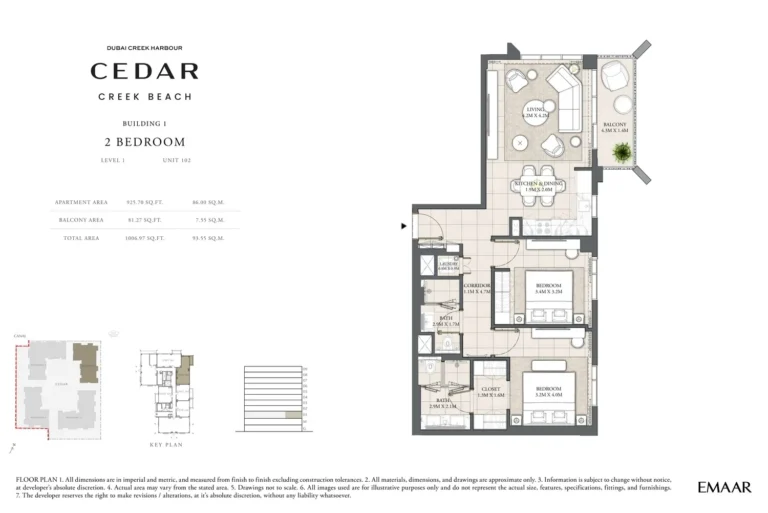 Cedar at Creek Beach floor plan 2 BR · 1006 sqft