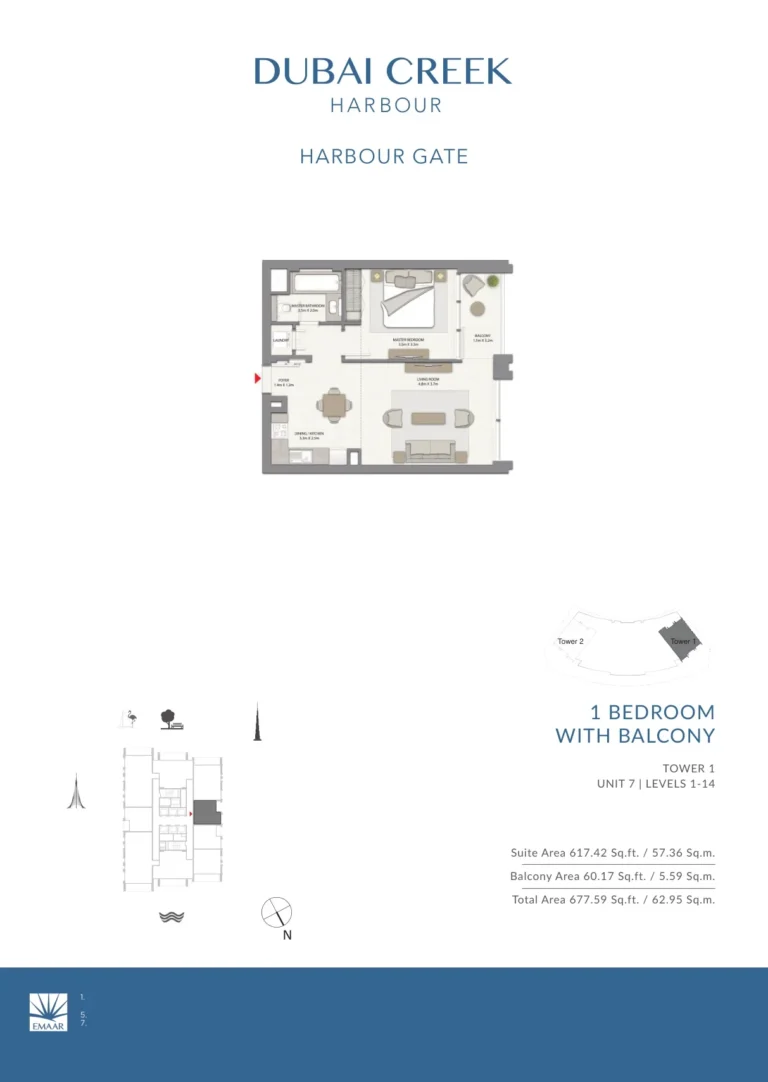 Harbour Gate floor plan 1-спальн. · 677 sqft
