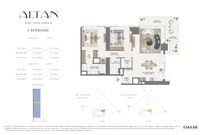 The Grand at Dubai Creek Harbour floor plan 2-спальн. · 1435 sqft