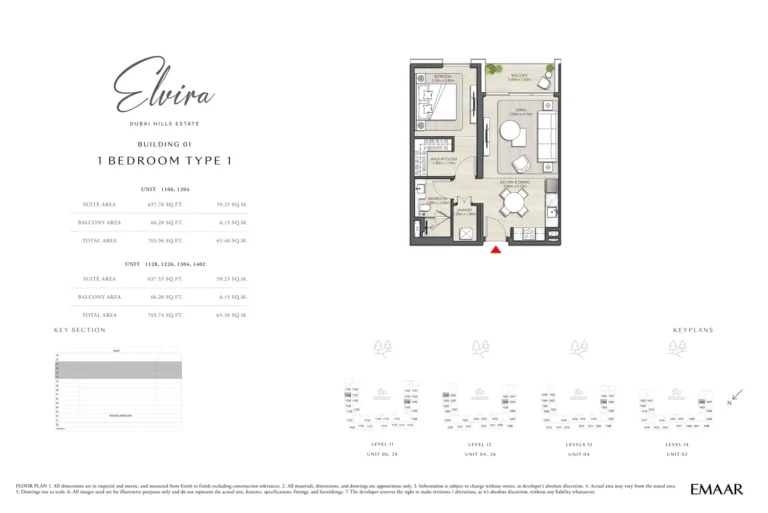 Elvira at Dubai Hills floor plan 1-спальн. · 703 sqft