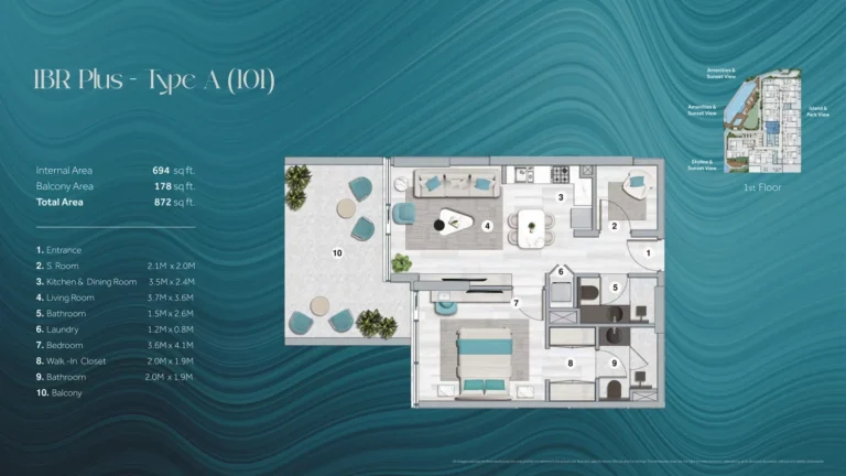 Flora Bay floor plan 1 BR · 872 sqft