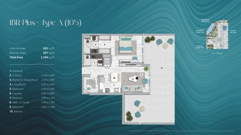 Flora Bay floor plan 1 BR · 1299 sqft