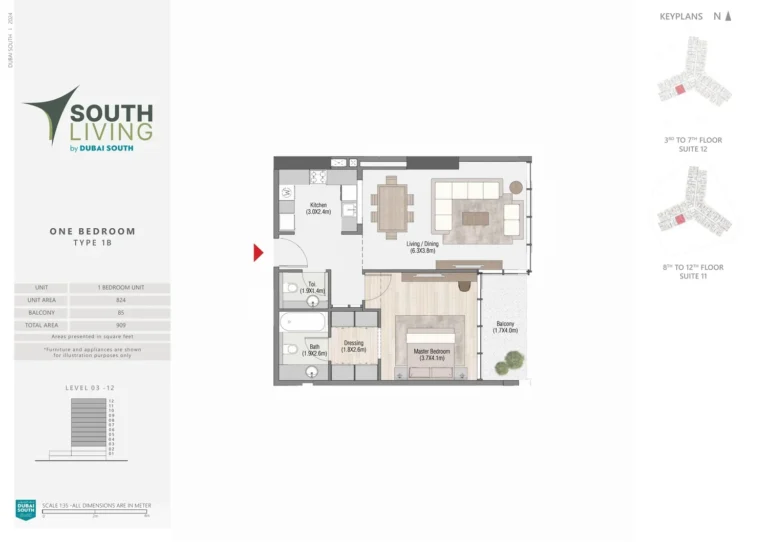 South Living floor plan 1 BR · 909 sqft