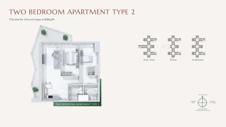 Golf Views Emaar South floor plan 2 BR · 958 sqft