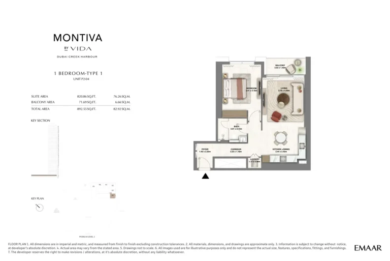 Montiva by Vida floor plan 1-спальн. · 892 sqft