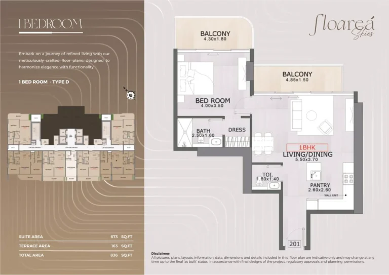 Floarea Skies floor plan 1 BR · 836 sqft