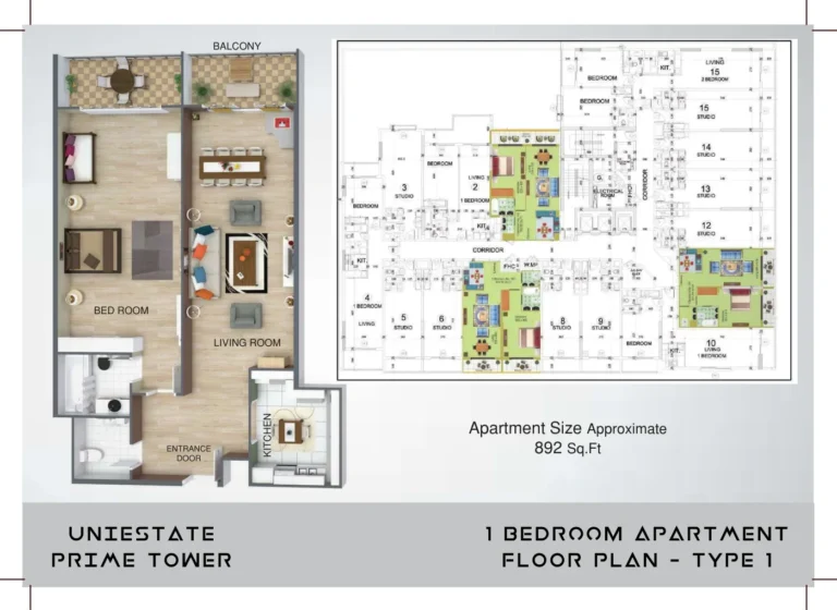 UniEstate Prime Tower floor plan 1 BR · 892 sqft
