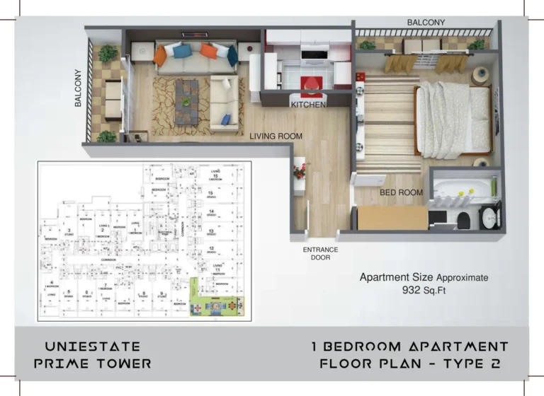 UniEstate Prime Tower floor plan 1 BR · 932 sqft