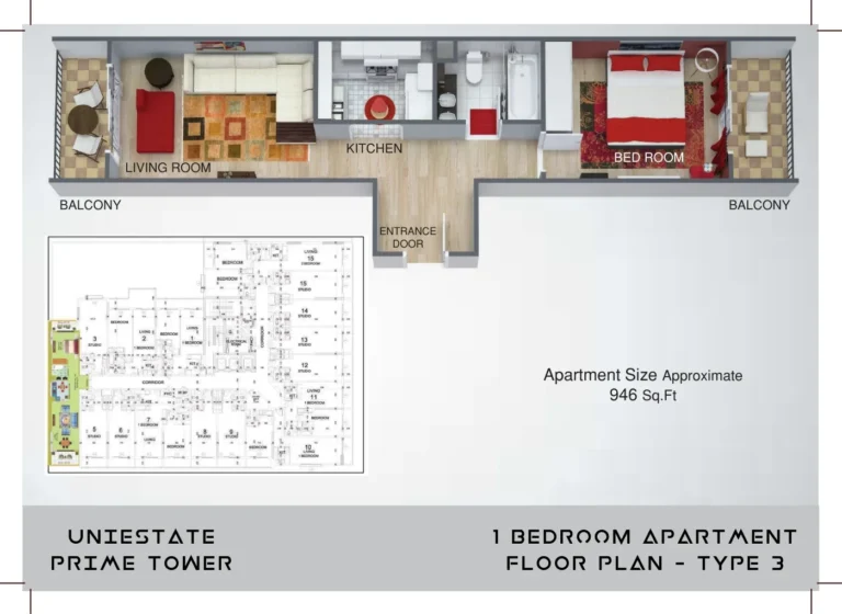 UniEstate Prime Tower floor plan 1 BR · 946 sqft