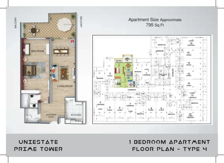 UniEstate Prime Tower floor plan 1 BR · 795 sqft
