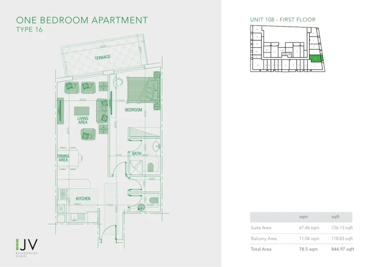 Joya Verde Residences floor plan 1-спальн. · 844 sqft