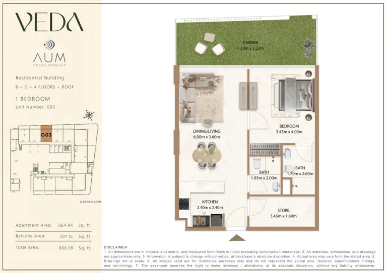 Veda by Aum One floor plan 1-спальн. · 866 sqft