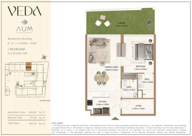 Veda by Aum One floor plan 1-спальн. · 882 sqft