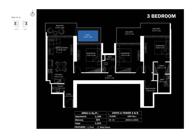 Elitz 3 by Danube floor plan 3 BR · 1523 sqft