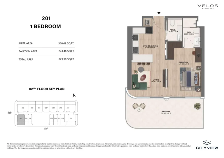 Velos Residence floor plan 1 BR · 829 sqft