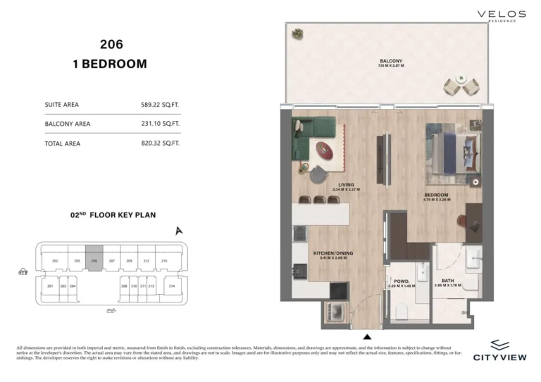 Velos Residence floor plan 1 BR · 820 sqft