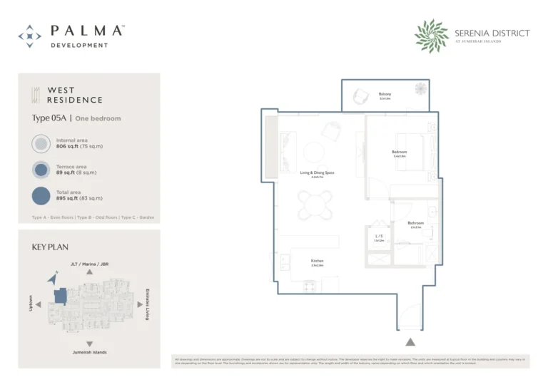Serenia District – West Residence floor plan 1 BR · 895 sqft