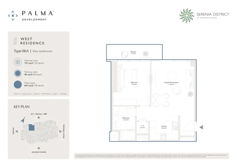 Serenia District – West Residence floor plan 1 BR · 841 sqft