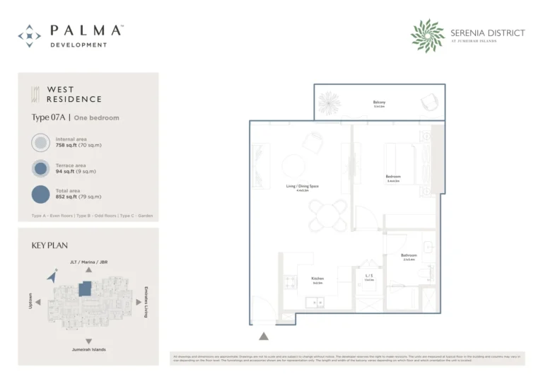 Serenia District – West Residence floor plan 1 BR · 852 sqft