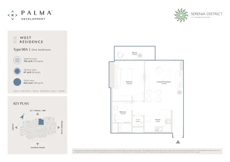 Serenia District – West Residence floor plan 1 BR · 842 sqft