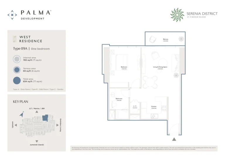 Serenia District – West Residence floor plan 1 BR · 834 sqft