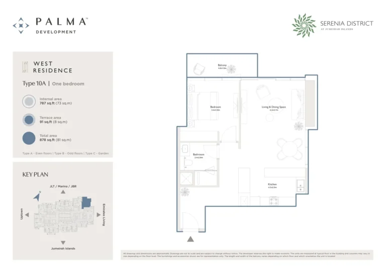 Serenia District – West Residence floor plan 1 BR · 878 sqft