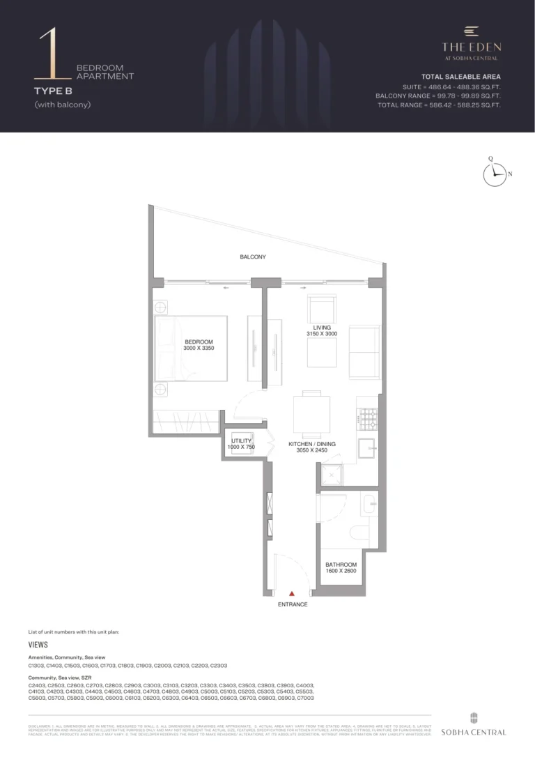 Eden at Sobha Central floor plan 1 BR · 486 sqft