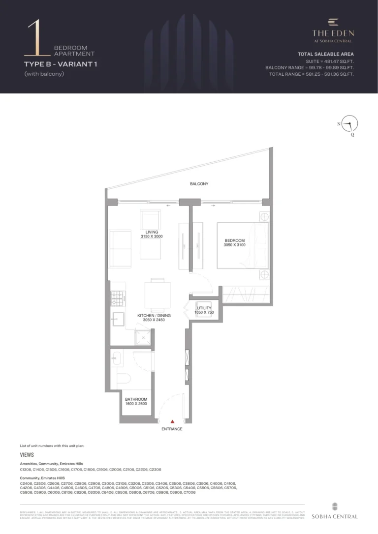 Eden at Sobha Central floor plan 1 BR · 481 sqft