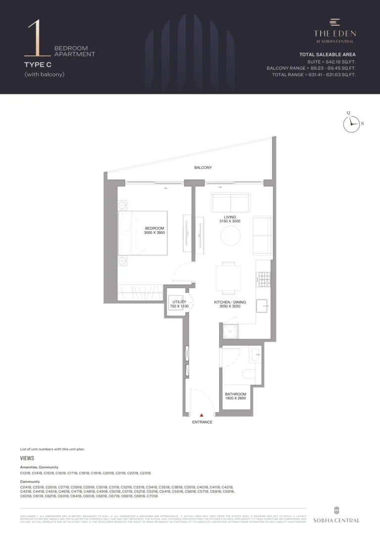 Eden at Sobha Central floor plan 1 BR · 542 sqft